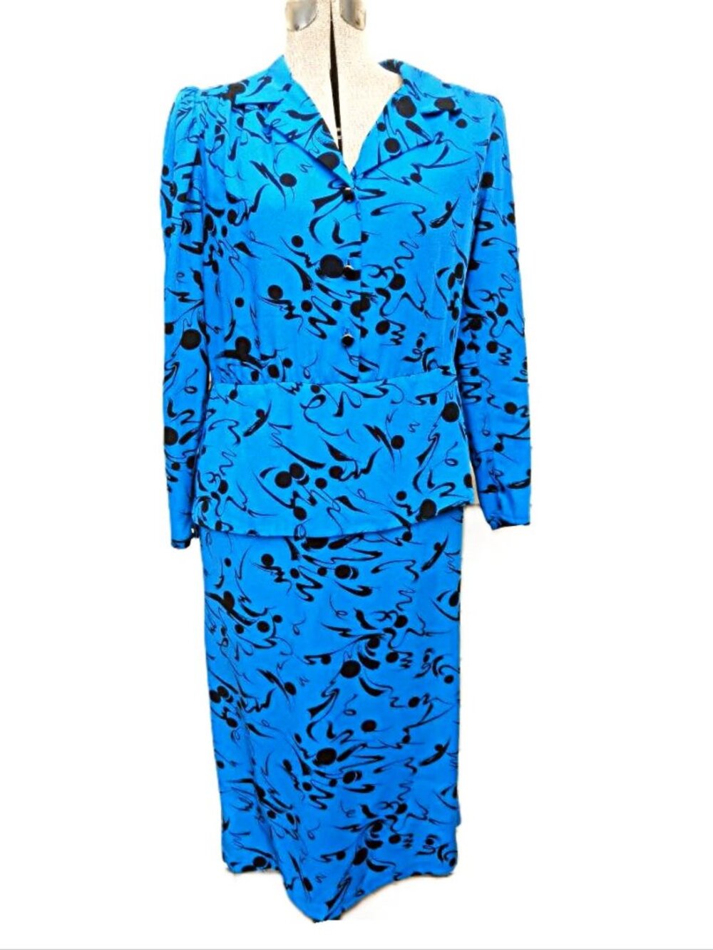 Vintage 80s Dress Peplum Blue 39" Bust Small Medium Abstract New Wave Fashion
